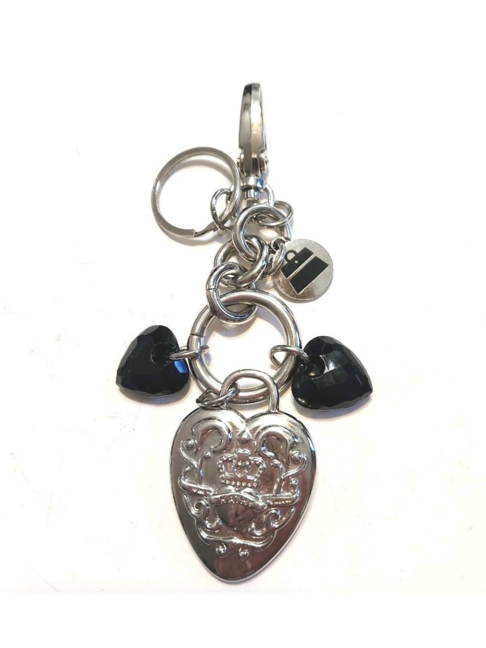 Kathy Van Zeeland Handbag Charms Silver Tone Keyring Keychain Fob w/Black Hearts